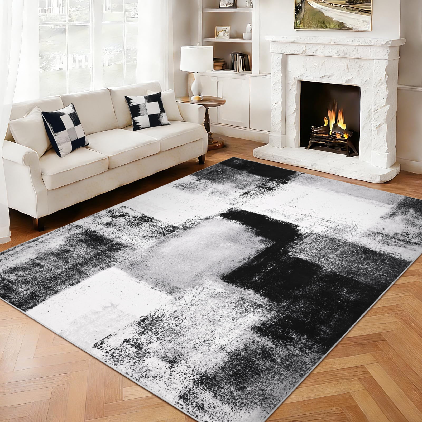 Bleum Cade Modern Abstract Area Rugs 6x9,Large Rugs for Living Room, Machine Washable Rug Indoor Rugs for Bedroom, Non-Slip Low-Pile Soft Carpet for Bedroom, Dining Room Office,Black