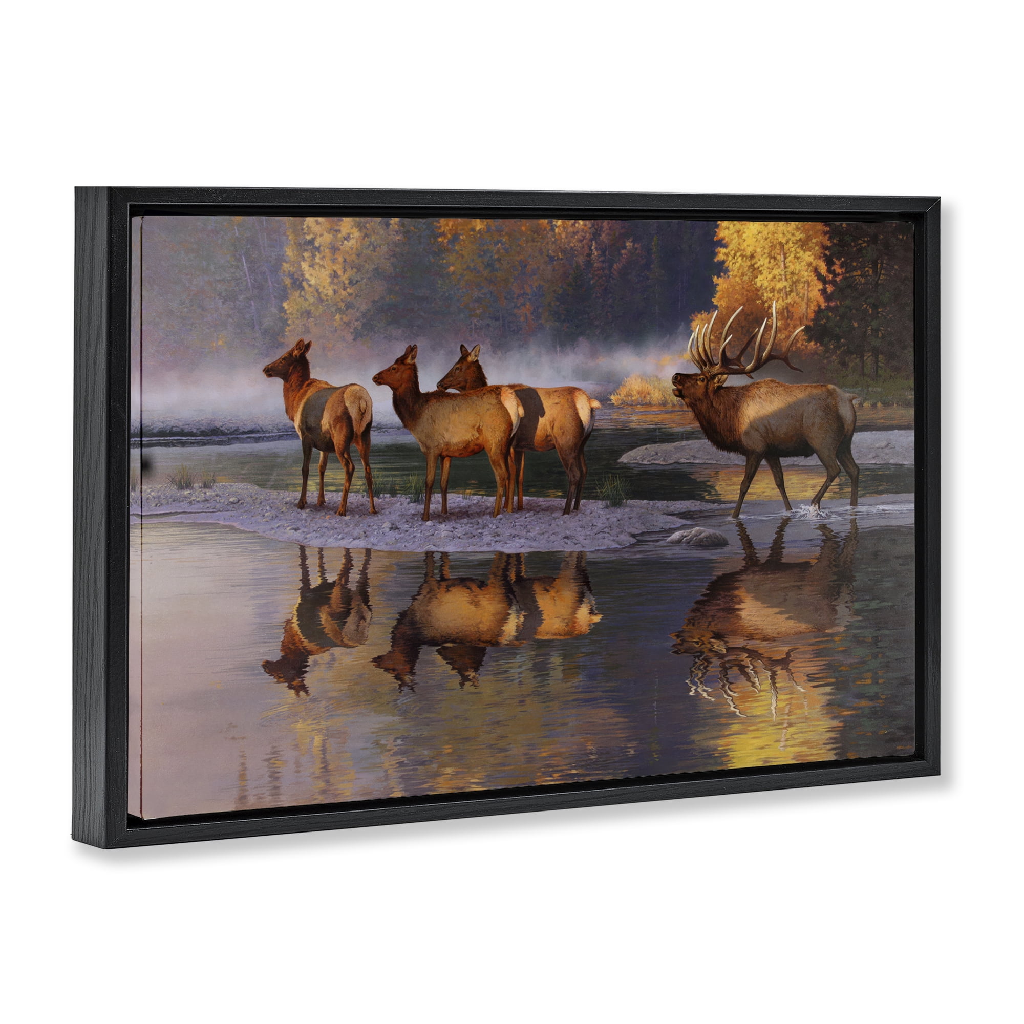 Stupell Industries Distant Challenge Elk Family Landscape & Nature Painting Black Floater Framed Canvas Art Print Wall Art, 25 x 17