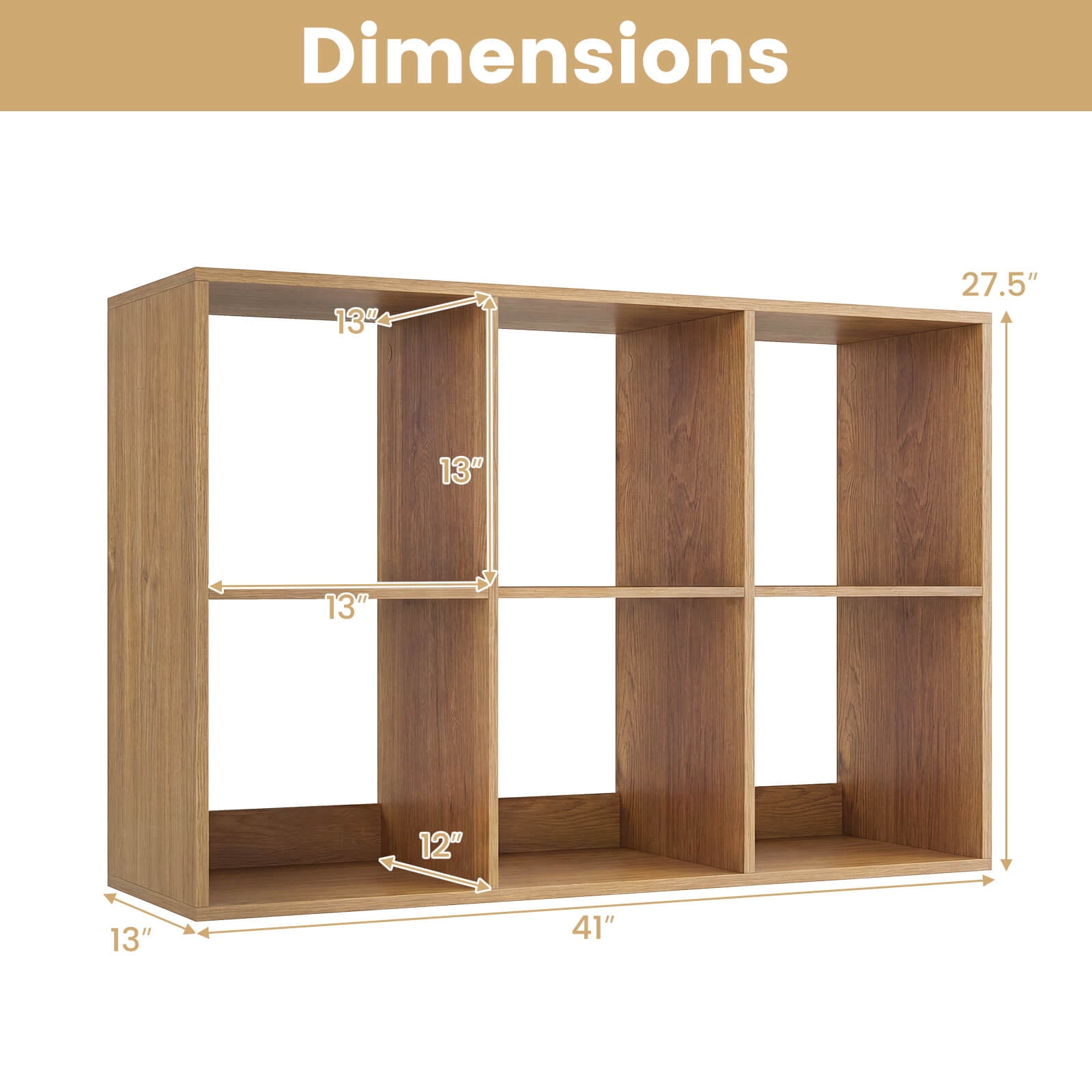 Costway 6-Cube Bookshelf, Modern Cubby Bookcase with Back Guardrail & Anti-tipping Kits Natural