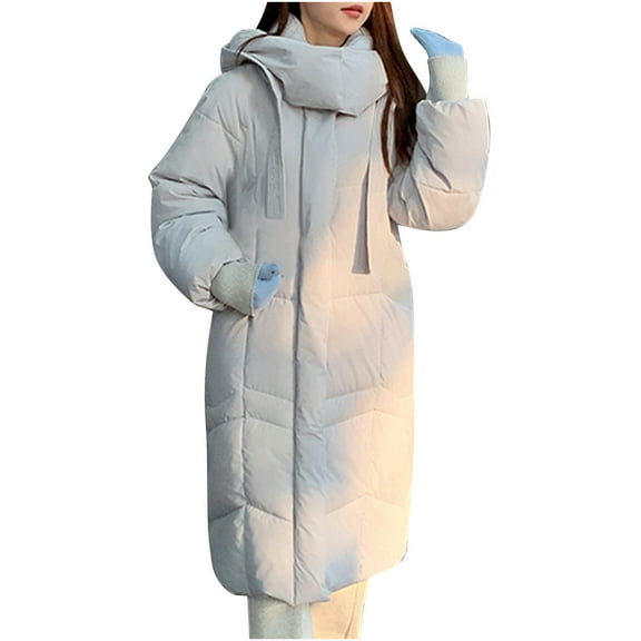 Womens Long Puffer Jacket with Detachable Hood Elastic Ribbed Cuffs Thicken Down Coat Quilted Warm Winter Overcoat (XL, White)