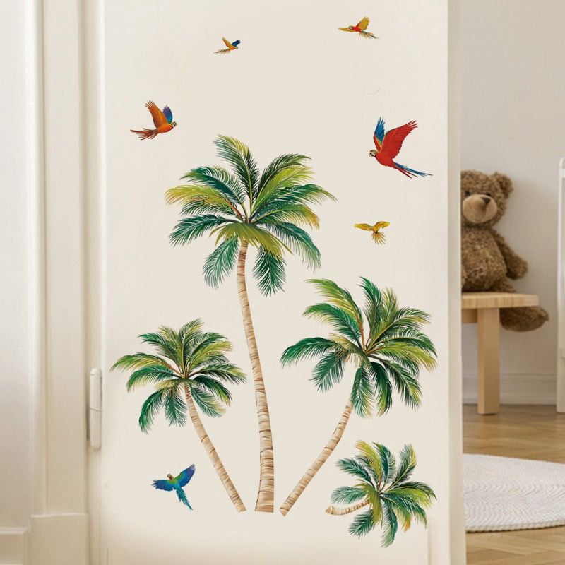 Palm Tree Wall Stickers Tropical Plants Birds Peel and Stick Wall Art Decals for Living Room Bedroom TV Wall