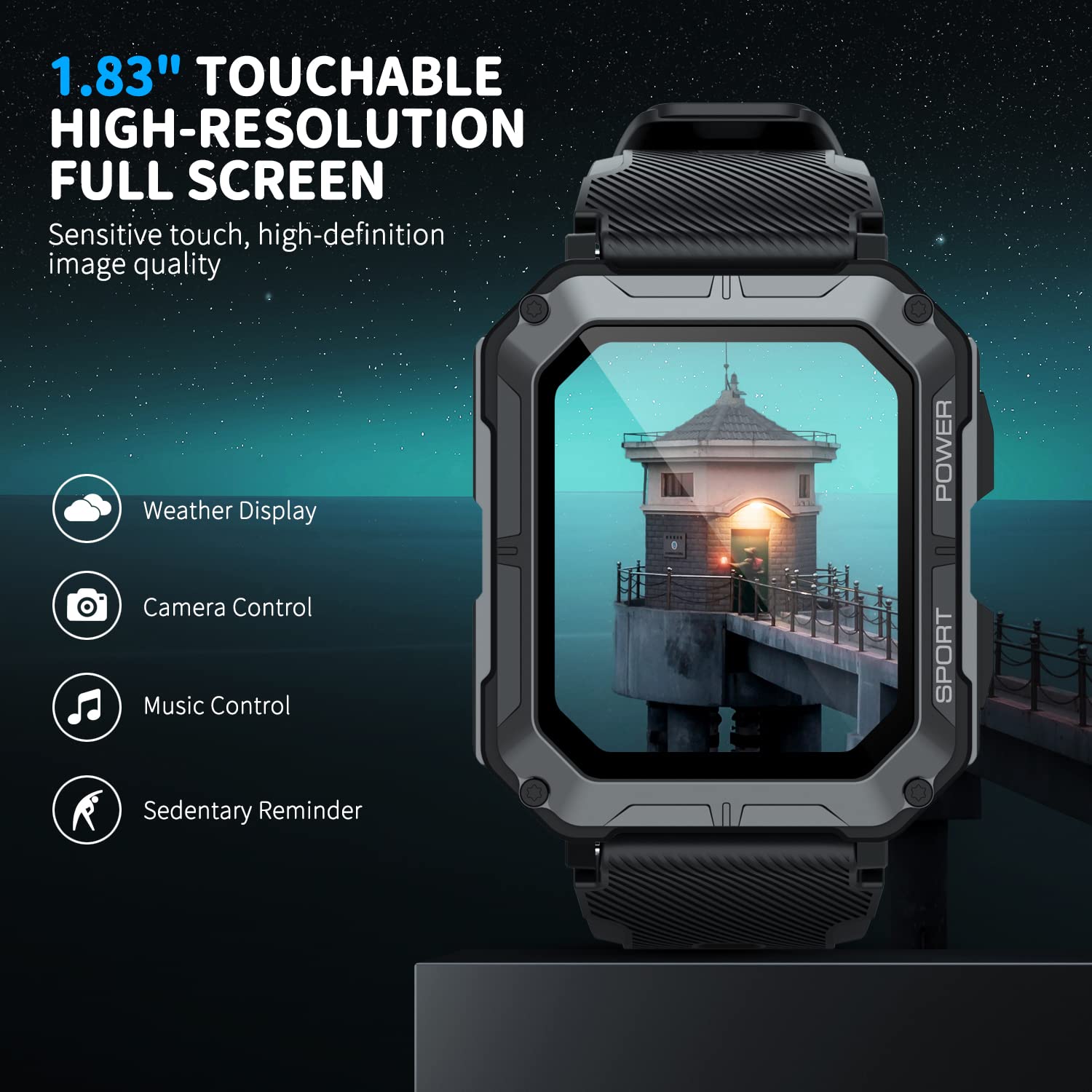C20 PRO Military Smart Watches for Men IP68 Waterproof Rugged Bluetooth Call(Answer/Dial Calls) 1.83'' Tactical Fitness Watch Tracker for Android iOS Outdoor Sports(Black)