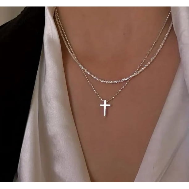 Gargantilla en capas, collar de cruz de perlas doradas para mujer, collar de disco de barra multicapa, gargantilla ajustable en capas de plata para mujer