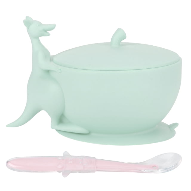 Bonito juego de cuchara y cuenco de silicona para alimentación de bebés con base de succión Vajilla antideslizante para bebés Verde claro