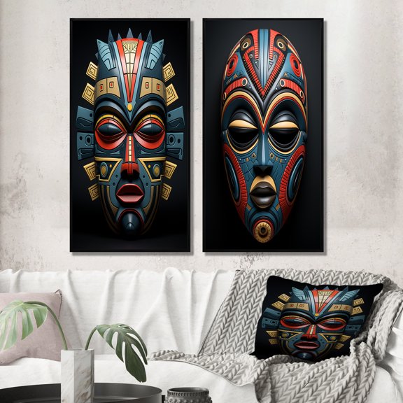 Designart "Tribal Pende African Mask II" African Tribal Framed Wall Art Set Of 2 - Coral People Framed Wall Art Set Of 2