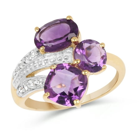 White Gold Genuine Amethyst Ring - 925 Sterling Silver 14K Yellow Gold Plated Genuine Amethyst and White Topaz Ring (3.15 Carat) Multiple Sizes
