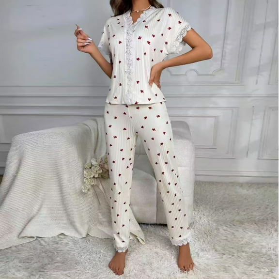 ZZwxWA Women's Sleepwear Heart Print Lace Trim V Neck Button Front Short Sleeve Shirt and Pants Pajama Set