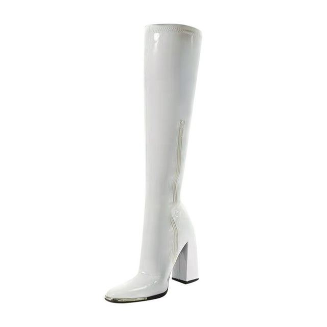 Womans Head Thick Heel Bright Leather High Heel Boots Side Zipper Middle Boots