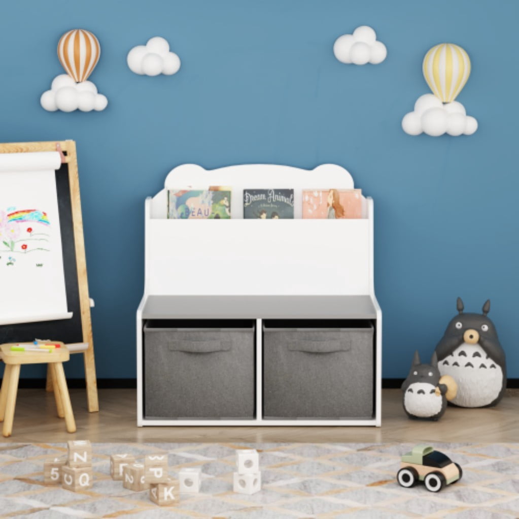 Kids Bookshelf with Storage Bins, Wooden Bookcase with Front-Facing Book Display & 2 Removable Fabric Bins, Bear-Shaped Backboard, White & Gray