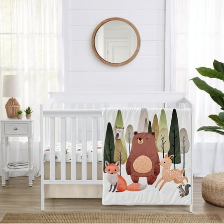 Sweet Jojo Designs Woodland Animal Pals Green Beige Brown Orange Crib Bedding Set 3 Piece Set