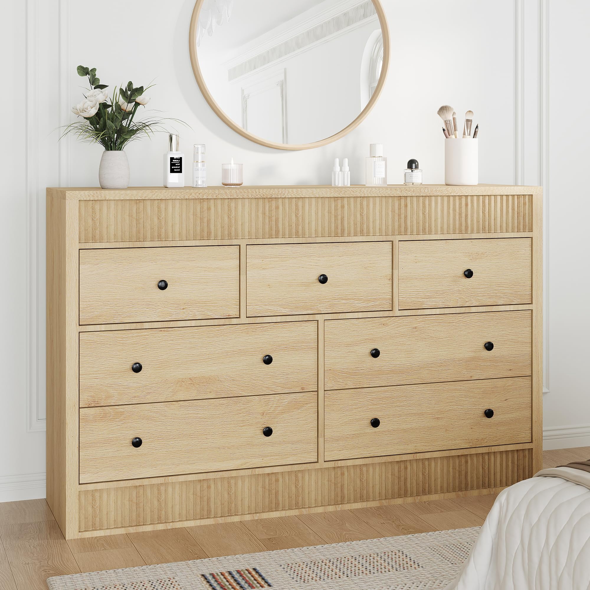 Modern Fluted Dresser - 6 Drawer Wooden Oak Chest for Bedroom Dining - Wide Storage Organizer Appropriate for Living Room Bedroom Hallway Entryway