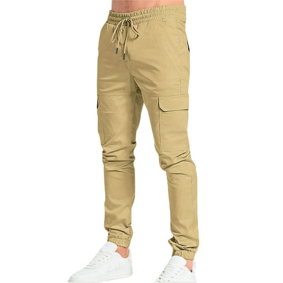 AWZXDE Men's Solid Color Jogger Work Pants with Drawstring Ankle and Multiple Pockets Utility Casual Trousers Khaki,S
