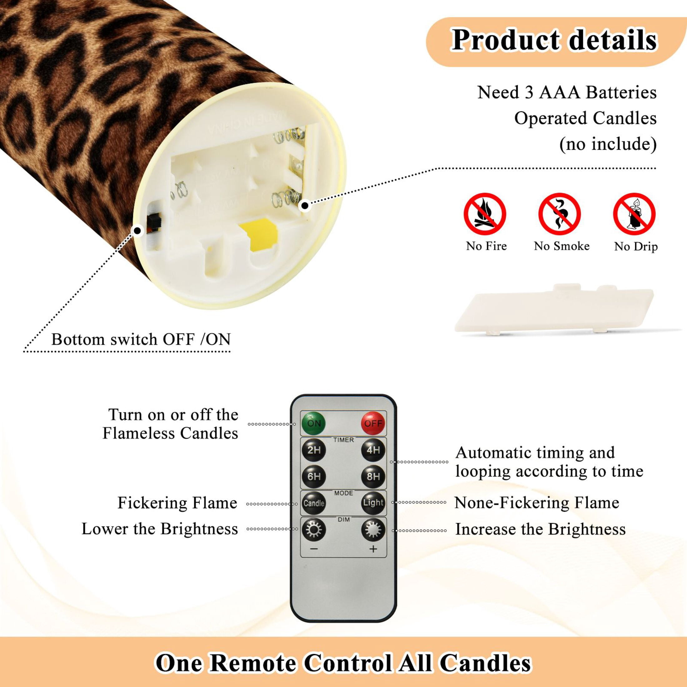 Iauyy Flameless Candles Battery Operated LED Pillar Candles with Remote and Timer, Brown Leopard Print Set of 2 （M)