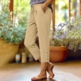 thumbnail image 2 of UVEASISHA Women's Cotton Linen Cropped Pants Drawstring Pleated Straight Loose Button Capri Pants Casual Summer Vacation Trousers with Pockets Khaki L, 2 of 7