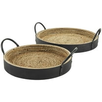 DecMode 15", 12"W Black Wooden Coiled Oval Tray with Black Metal Handles, 2-Pieces