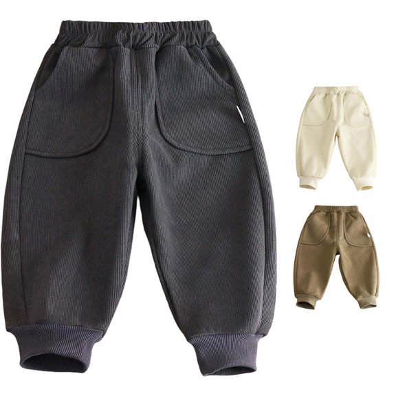 WhouRiu Boys Winter Lined Pants Solid Color Ribbed Warm Elastic Waist Joggers Sweatpants Kids Comfortable Thickened Cute Trousers,6-7 Years