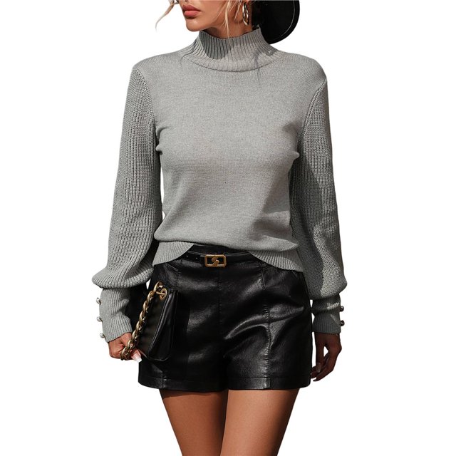 Suéteres de Cuello Alto para Mujer, Suéteres de Punto con Mangas Abullonadas para Otoño e Invierno Gris M