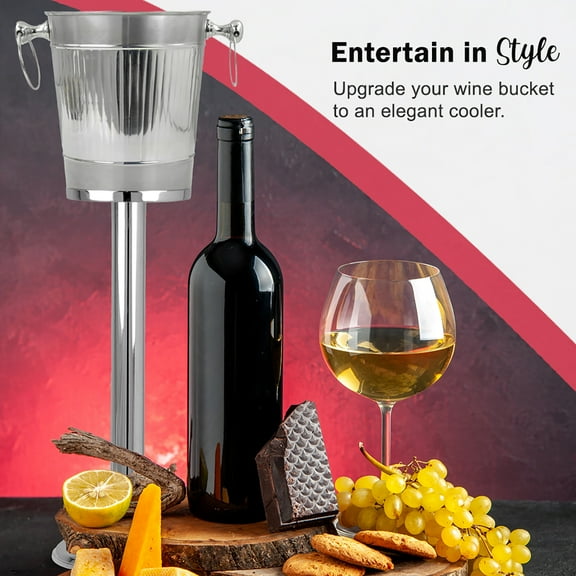 Vertical Striped Nickel Plated Majestic Wine & Ice Bucket with Steel Bucket Stand | Wine Chiller On Stand Kitchenware Bar Ware | Beverage Barware Accessories