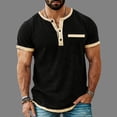 thumbnail image 5 of Hesxuno Mens Linen Henley Shirt Color Contrast Short Sleeve 3 Button Shirts Business Casual Work Tops Lightweight Collarless Golf Shirt with Chest Pocket Black M, 5 of 6