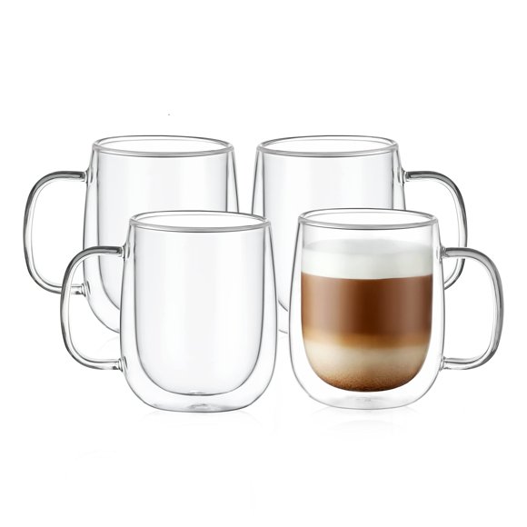 CNGLASS Large Double Wall Glass Coffee Mug 15.2oz,Clear Insulated Glass Espresso Cup with Big Handle,Clear Glass Espresso Mugs for Latte,Cappuccino,Tea Bag,Hot and C