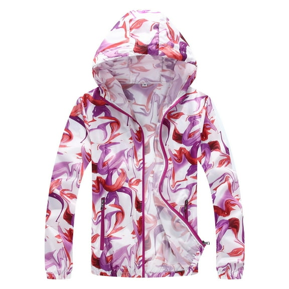 DondPO Womens Fall Jacket Women Solid Rain Jacket Outdoor Plus Size Hooded Windproof Loose Coat Water Proof Cuff Storage Bag Womens Rain Coat Women's Rain Jacket Purple 4XL