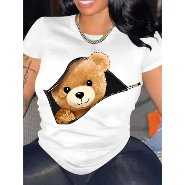 Women's Casual Sporty T-Shirt with Cute Teddy Bear Print, Round Neck, Ribbed Crew Neck, Pullover Short Sleeve Tee, Stretch Cotton Fabric, Fashionable Comfort Fit for All Seasons