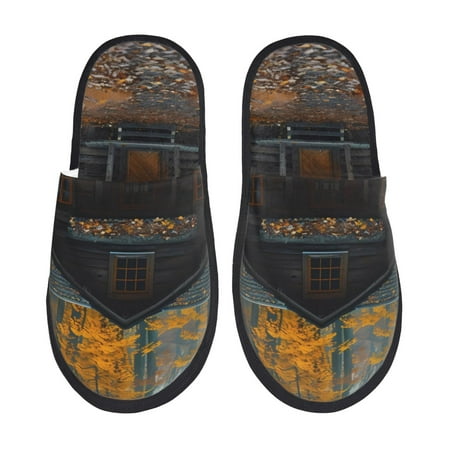 

Honeii Rustic Cabin Autumn Forest Print Furry Slippers Bedroom Slippers for Women and Men Fuzzy Plush Comfy Faux Fur Lined Slide Shoes -Large