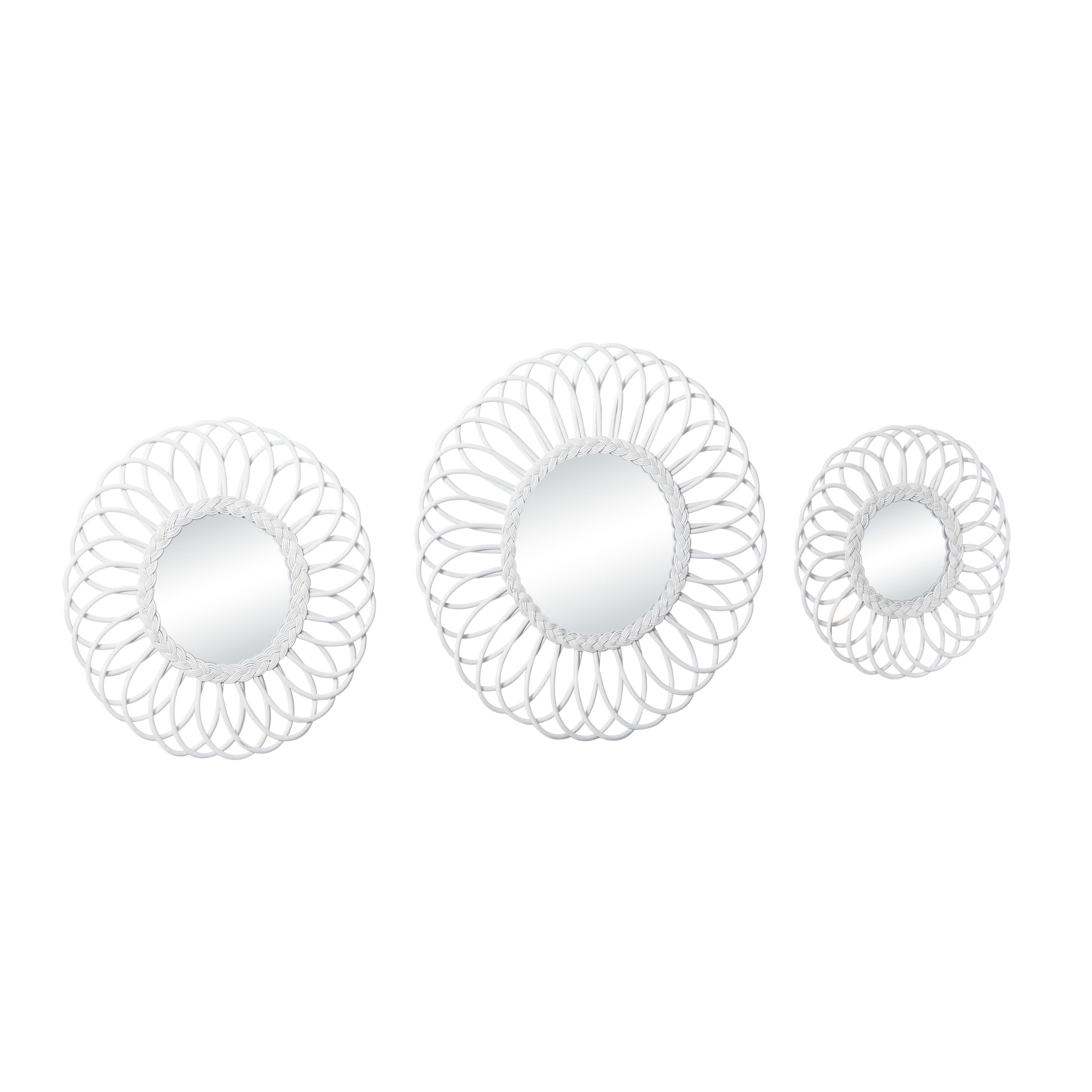 DecMode 24", 20", 16"H White Starburst Wall Mirror, Set of 3