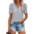 thumbnail image 2 of Women's Summer T Shirts Puff Short Sleeve Polo Button V Neck Solid Dressy Casual Tops Grey L, 2 of 4