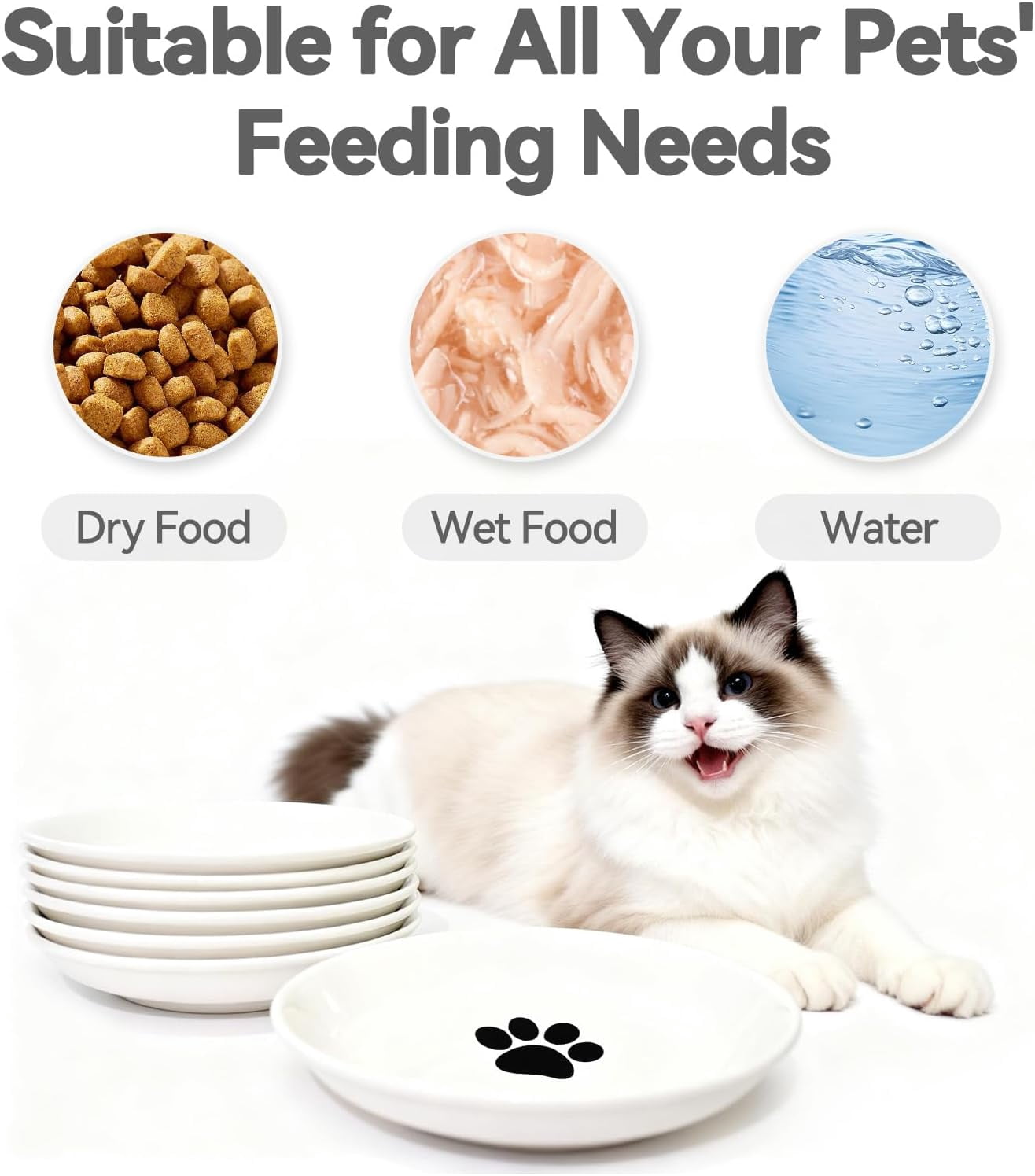 [8 Pack] Ceramic Cat Food Bowl, Cute Cat Bowls Whisker-Friendly, 5.9" Shallow Wide Kitten Plates, Easy to Clean Indoor Feeding Dishes