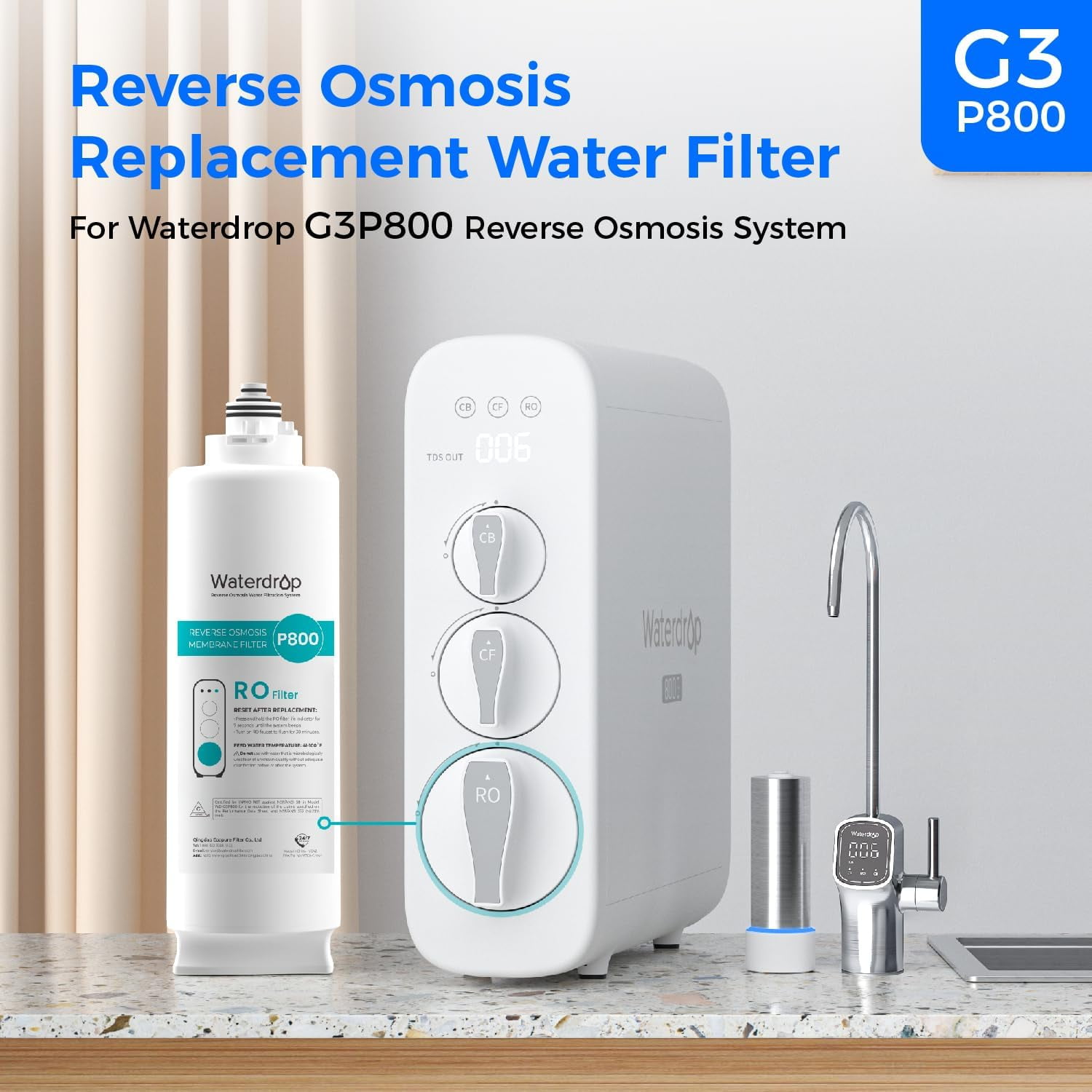 Waterdrop WD-G3P800-N2RO Filter, Replacement for WD-G3P800-W Tankless Reverse Osmosis System, Reduce PFAS, 2-year Lifetime