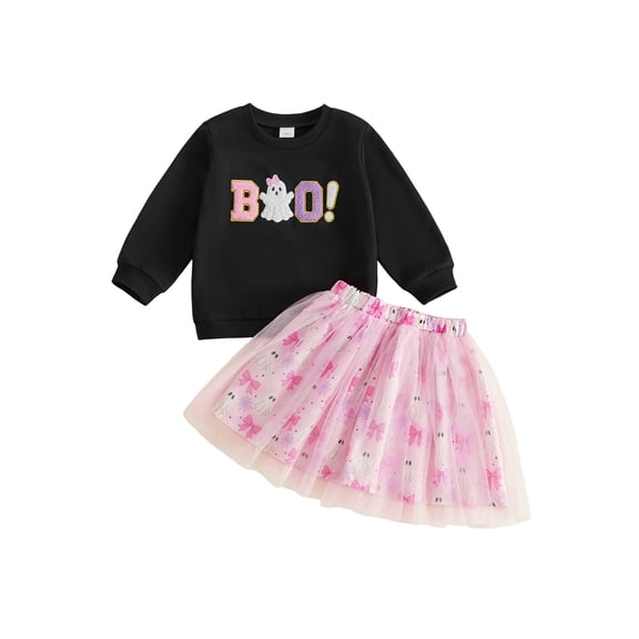 RUINIXCW Little Girl Halloween Outfit Embroidered Sweatshirt and Printed Tulle Skirt