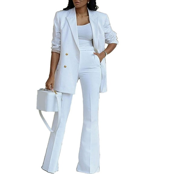 Women 2 Pieces Suit Plain Color Wide Leg Trousers Turn Down Collar 2 Pieces Long Pants Suit for Female White L