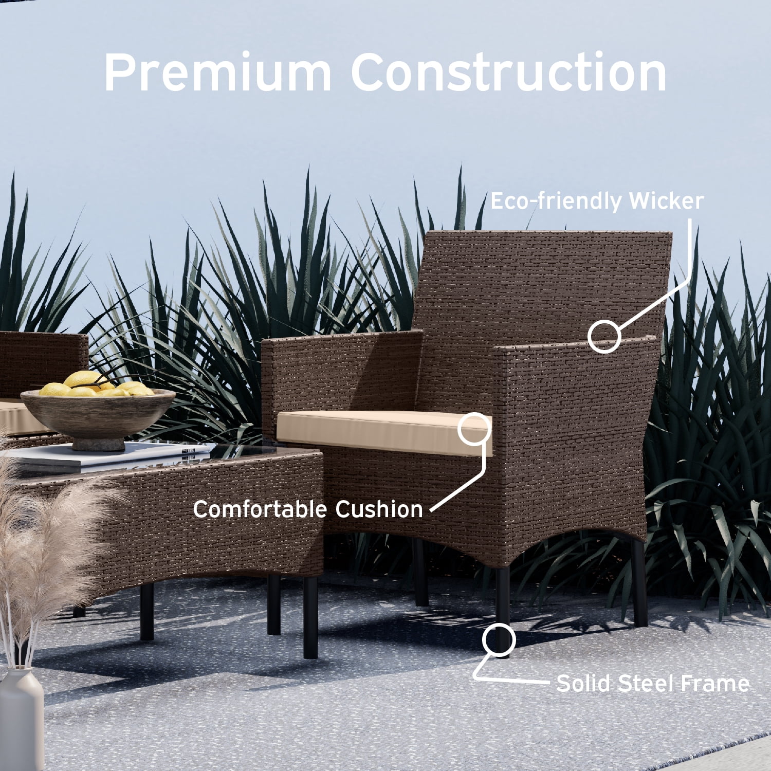 Hearth & Harbor Outdoor Furniture Set, 4 Piece Wicker Patio Chairs Set, Brown with Beige Cushions