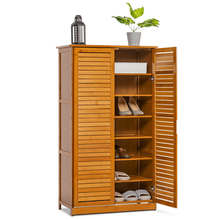 MoNiBloom Bamboo 7 Tiers 21 Pairs Shoes Rack with Door  Storage Cabinet  Brown  for Entryway