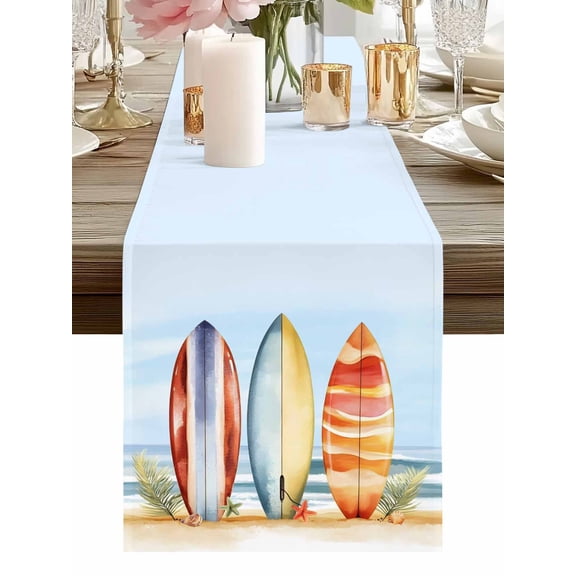 Summer Watercolor Striped Surfboard Table Runner-36 Inch Long Ocean Beach Starfish Shell Table Runners Linen Burlap Tablerunner for Kitchen Dining Room Holiday Party