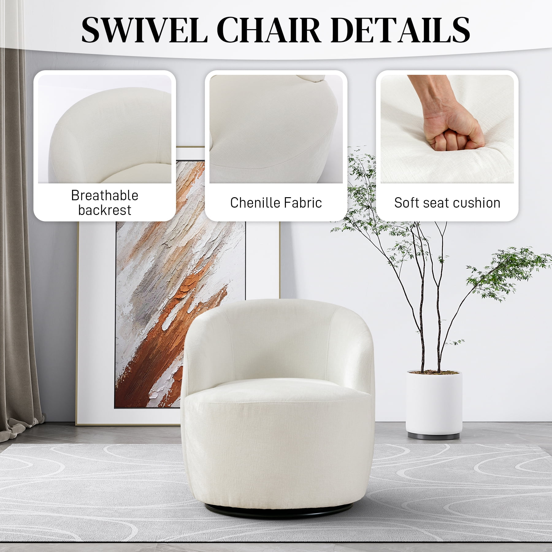 Ouyessir Boucle Upholstered Swivel Barrel Accent Chair Set of 2, Sherpa Lounge Chair, Ivory Chenille