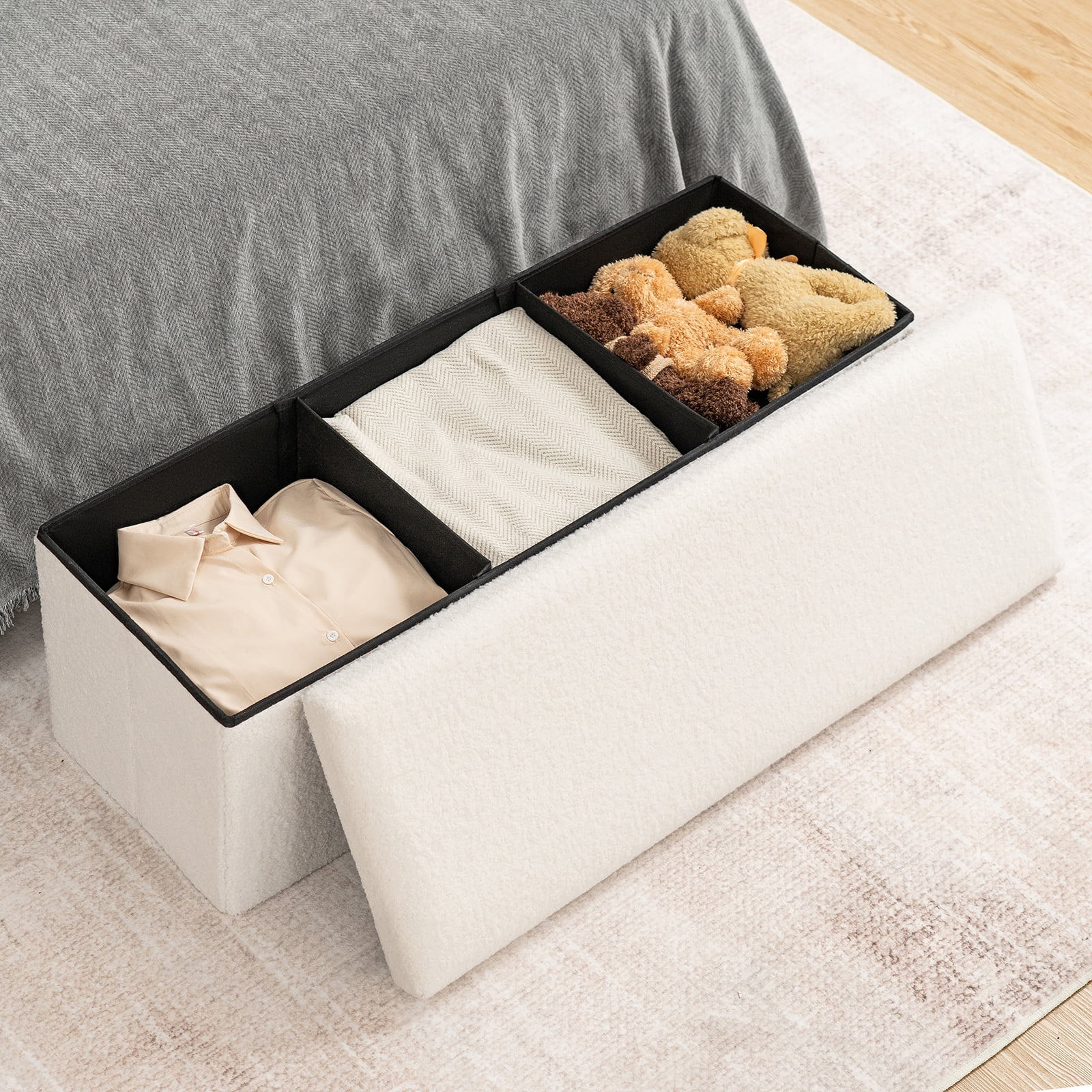 Lusimo Boucle Ottoman Bench with Storage for Living Room, 43" Folding Storage Bench Coffee Table Foot Rest, End of Bed Bench for Bedroom Entryway, Faux Shearling Fabric White