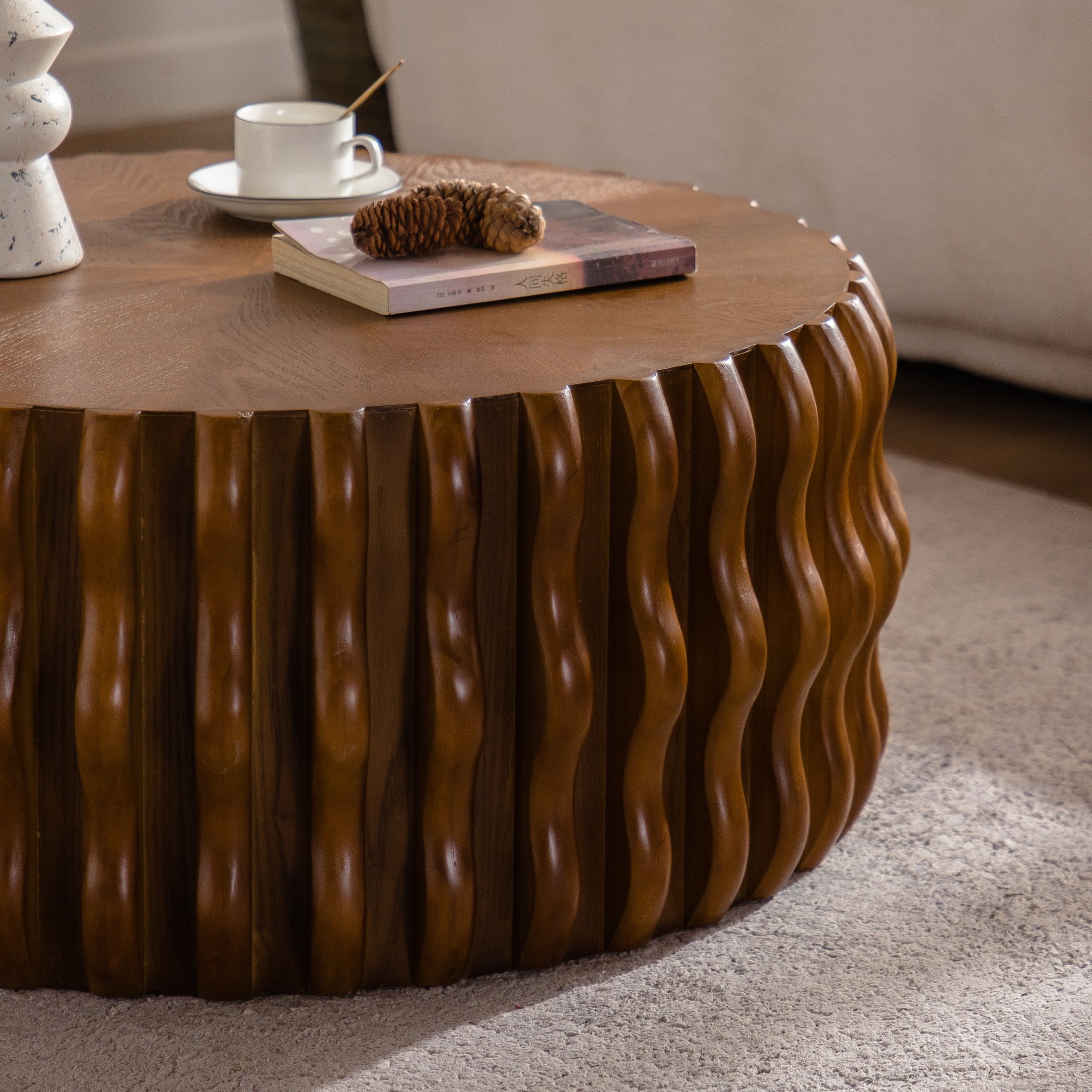 Noble House Cole 38.58" Ribbed Wave Round Coffee Table, Wooden Fluted Drum Center Table, Sturdy Pedestal, Walnut