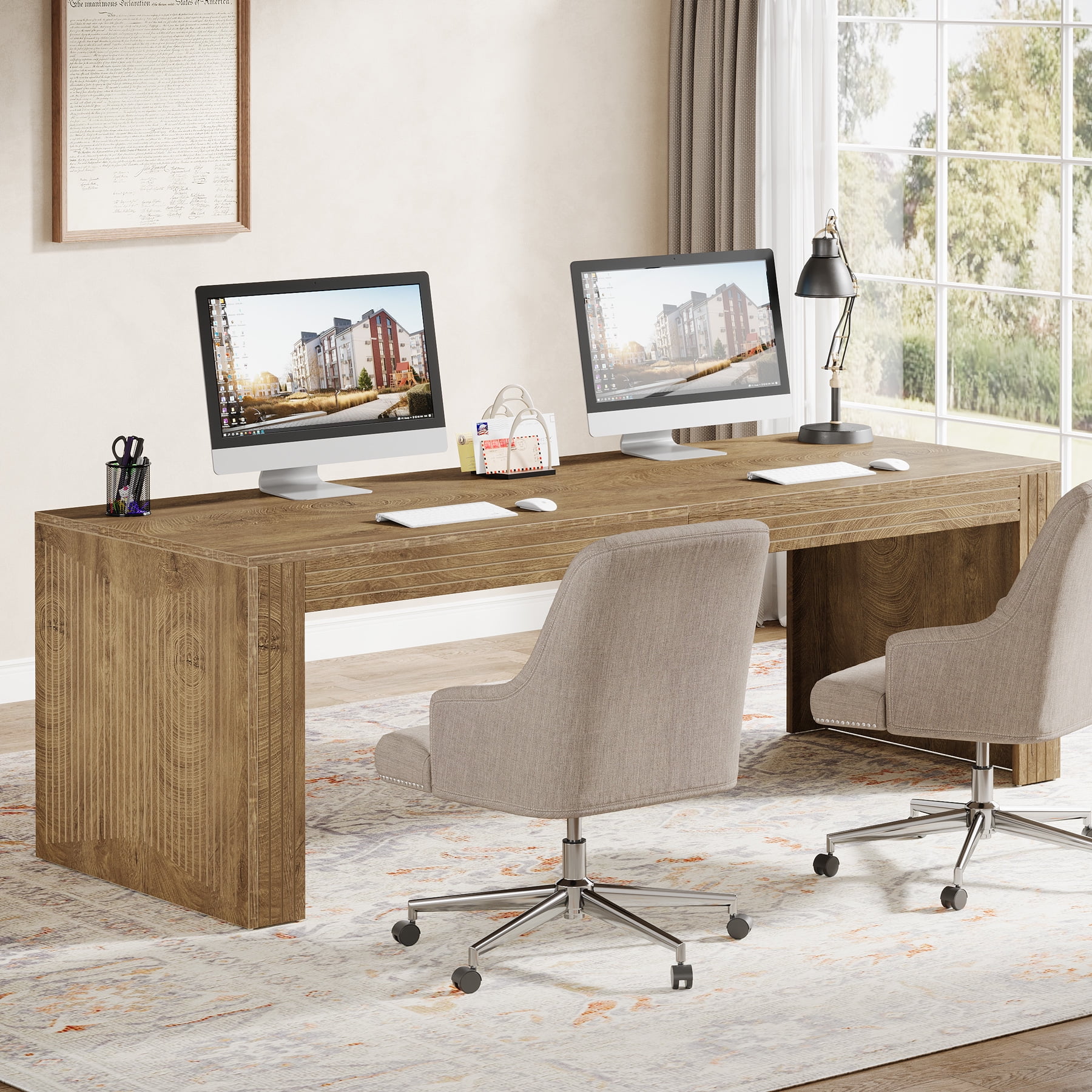 Tribesigns 86.6 Inch Extra Long Two Person Desk - Double Computer Writing Table, Natural Oak, Home Office - View #6