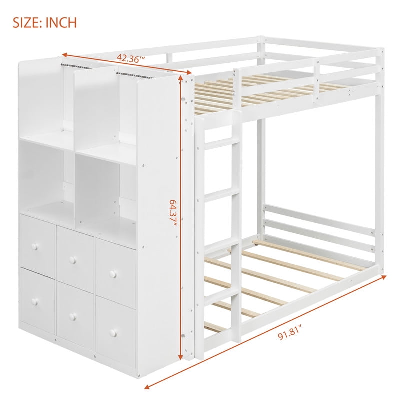 Twin-Over-Twin Size Teens Storage Bunk Bed with Drawers & Shelves, Kids Bed Frame with Built-In Ladder & LED Light Strip