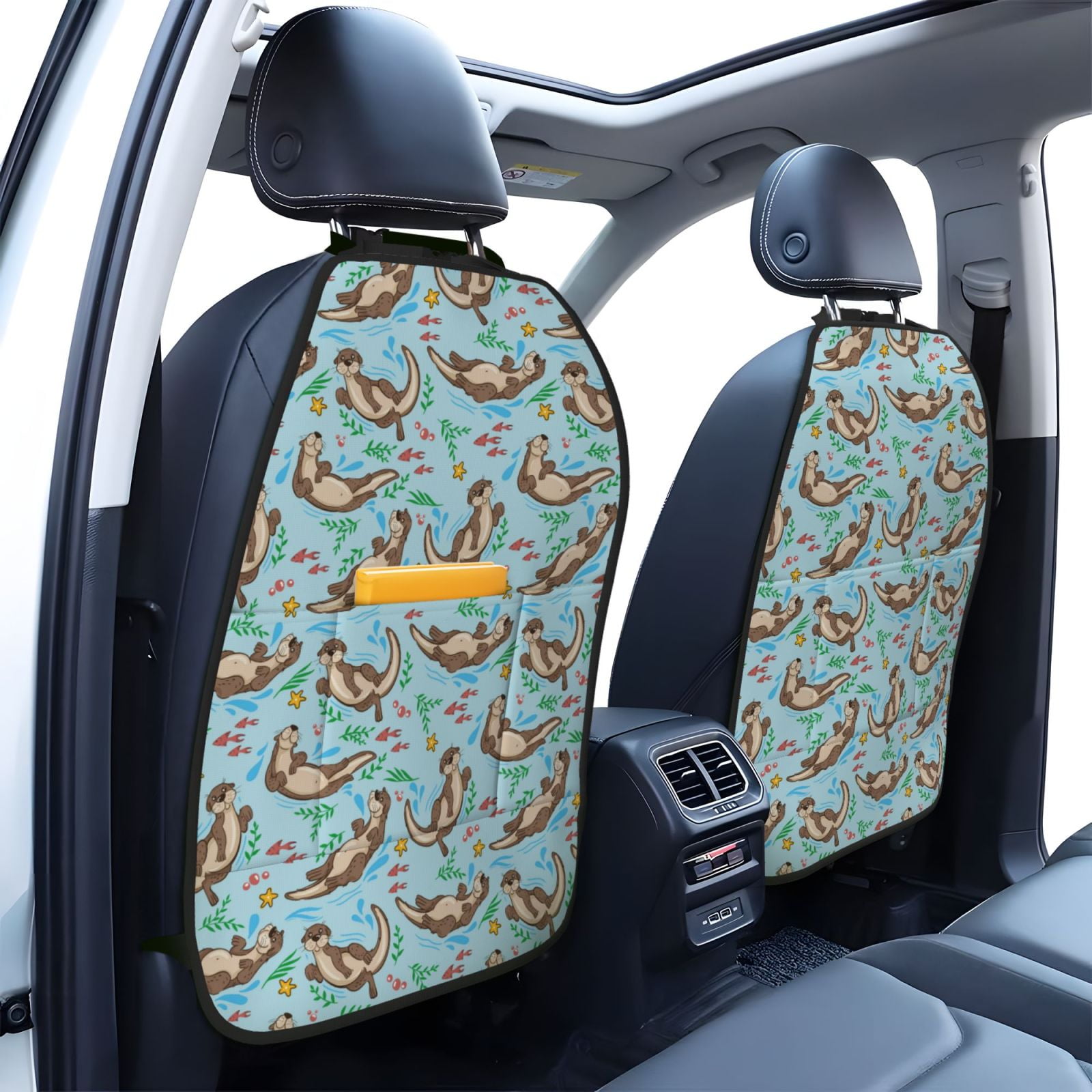 Xecao Cute Otters Pattern Car Seat Back Protector 2 Pack Large Capacity Pocket, Kick Mats Back Seat Protector