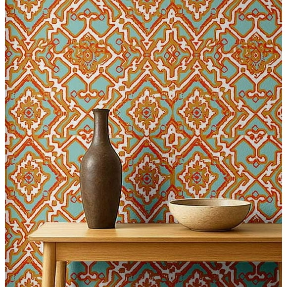 S4sassy Self-Stick Decorative Boho Wallpaper, Geometric Ikat Print Walls Paper, Vinyl Waterproof Contact Paper, Orange, 25"x60"inch Removable Renter Friendly Wall Covering For Bedroom, Dining room