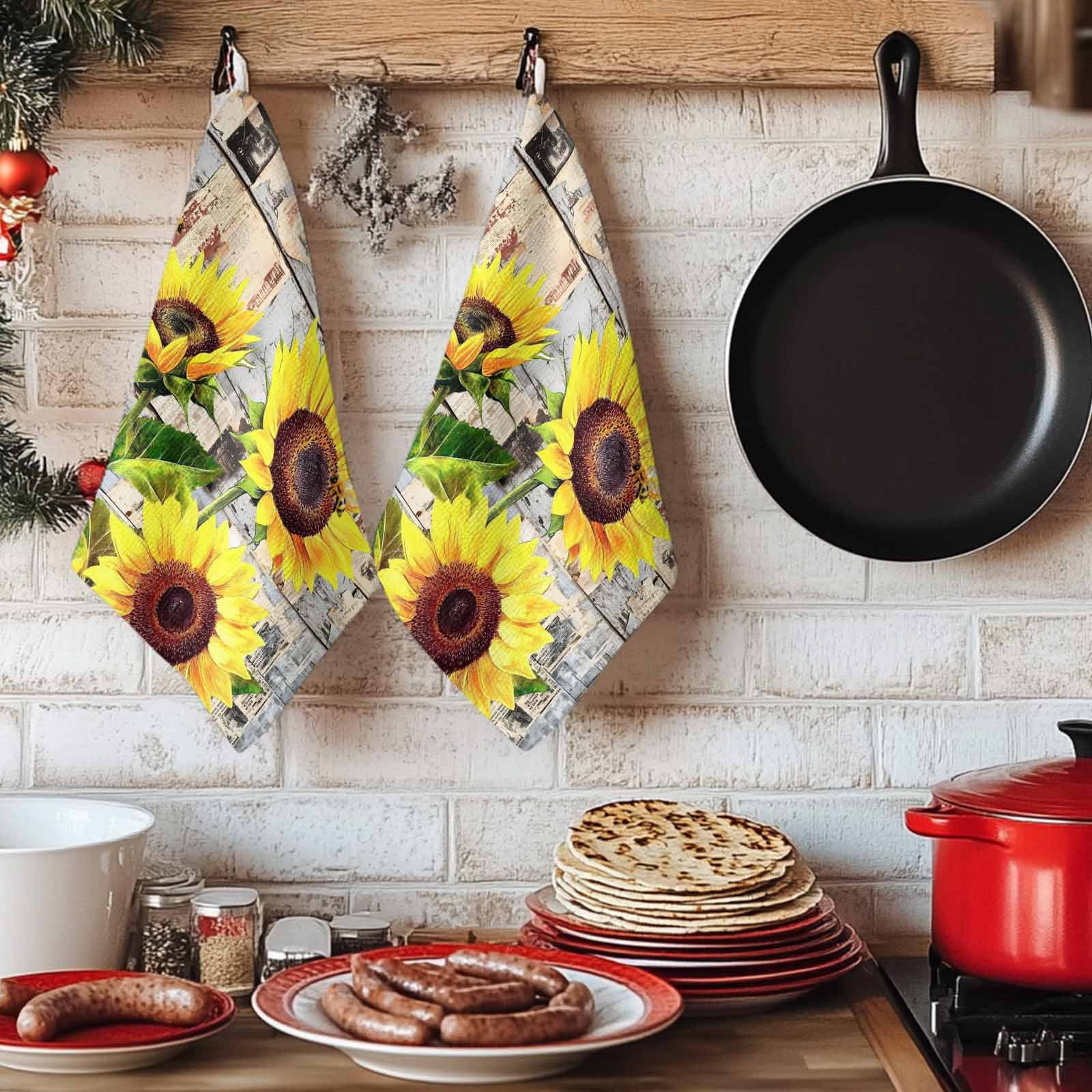 Sunflowers Kitchen Towels Set of 2, Botanical Floral Farmhouse Retro Wood Grain Absorbent Dish Towels for Kitchen, Microfiber Hand Towel, Quick Drying Tea Towel for Cleaning Decorative Dishcloths