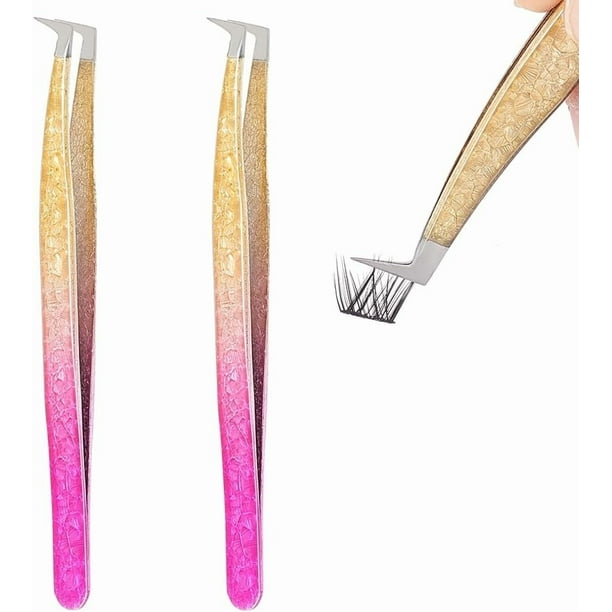 2 pinzas de extensiones de pestañas arcoíris de acero inoxidable, herramienta para pestañas, pinzas de cabeza curva, puntas curvas y angulares, juego de pinzas de precisión, pinzas para manualidades.