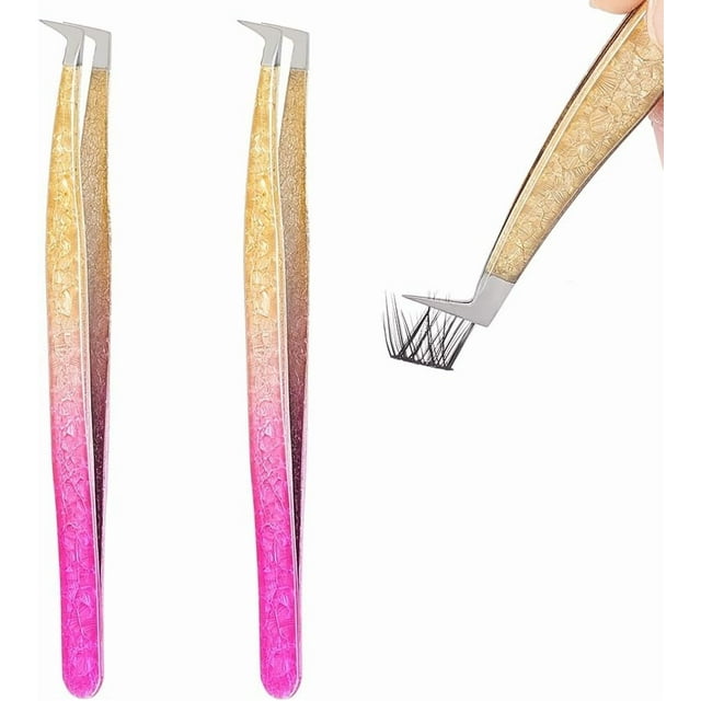 2 pinzas de extensiones de pestañas arcoíris de acero inoxidable, herramienta para pestañas, pinzas de cabeza curva, puntas curvas y angulares, juego de pinzas de precisión, pinzas para manualidades.