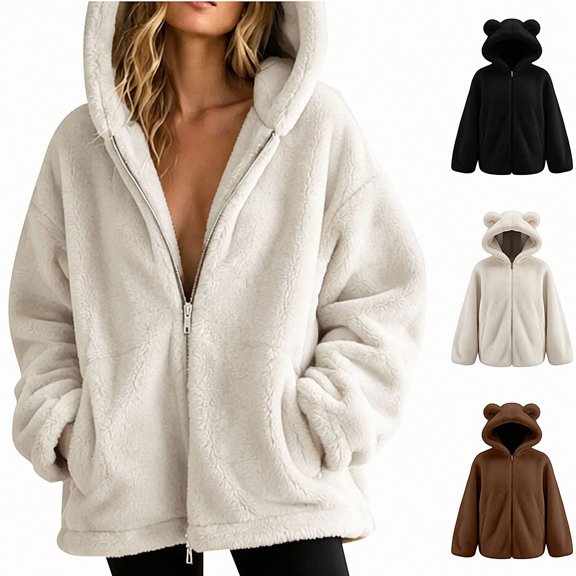 Lumosvexa Women's Hooded Fleece Coat, Long Sleeve Zipper Soft Comfort with Pockets Winter Warm Casual Coat White L