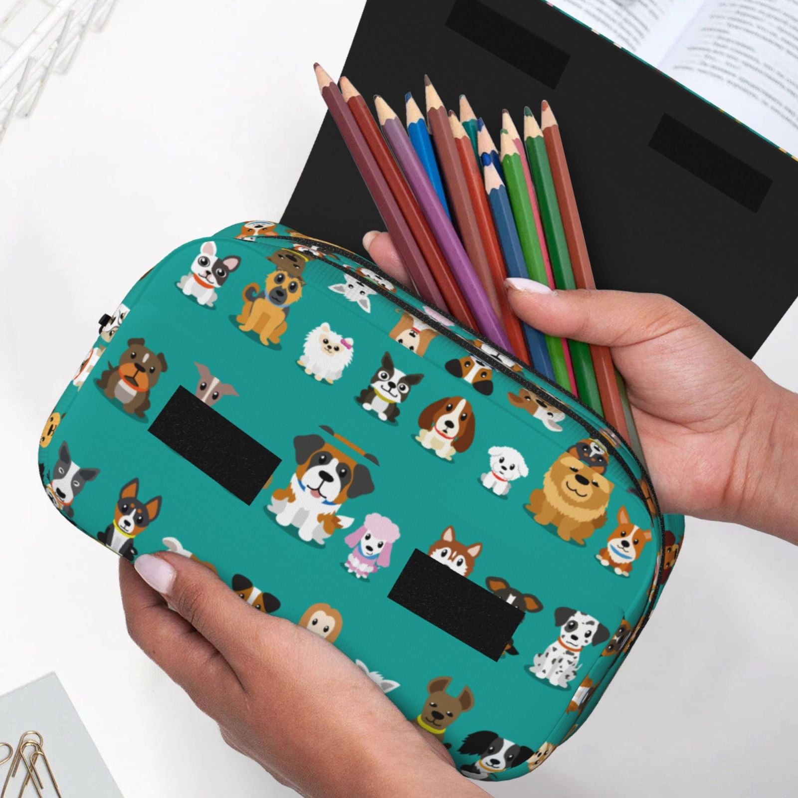 Rateoe Cartoon Dogs Pattern Double Clamshell Pen Case, Storage Organizer with Two Zipper Compartments– Holds Up to 50 Pencils & Pens