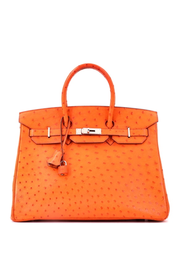 Pre-Owned Birkin Handbag Tangerine Ostrich with Palladium Hardware 35 By Rebag