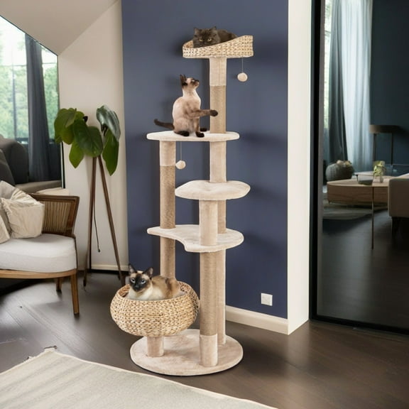 Demi Bonn 63" Modern Cat Tree Tower for Indoor Cats w/Natural Sisal Scratching Posts, Hand-Woven Condo and Top Perch, Cat Tree House for Kittens Climb Play, Beige